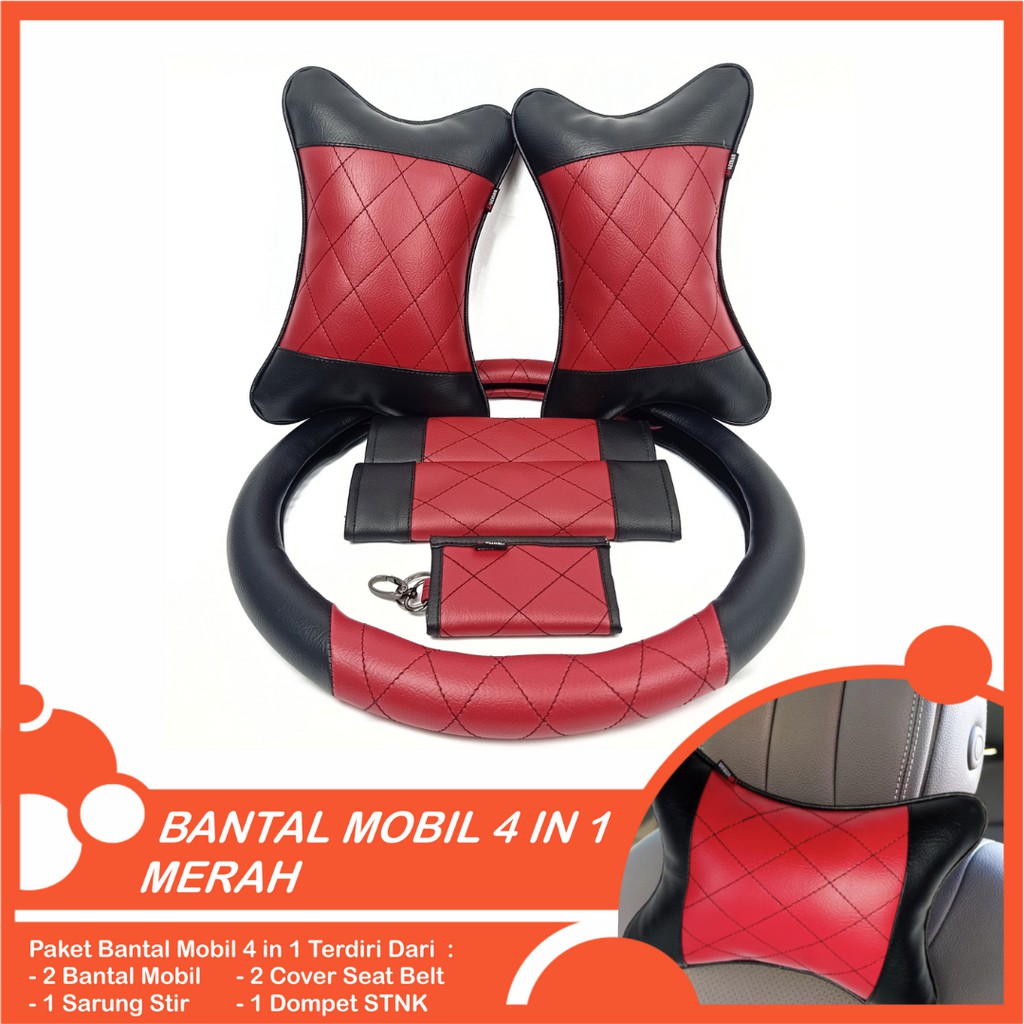 Set Bantal Mobil 4 in 1 Premium Bantal Mobil Sarung Stir Cover Seatbelt Dompet STNK