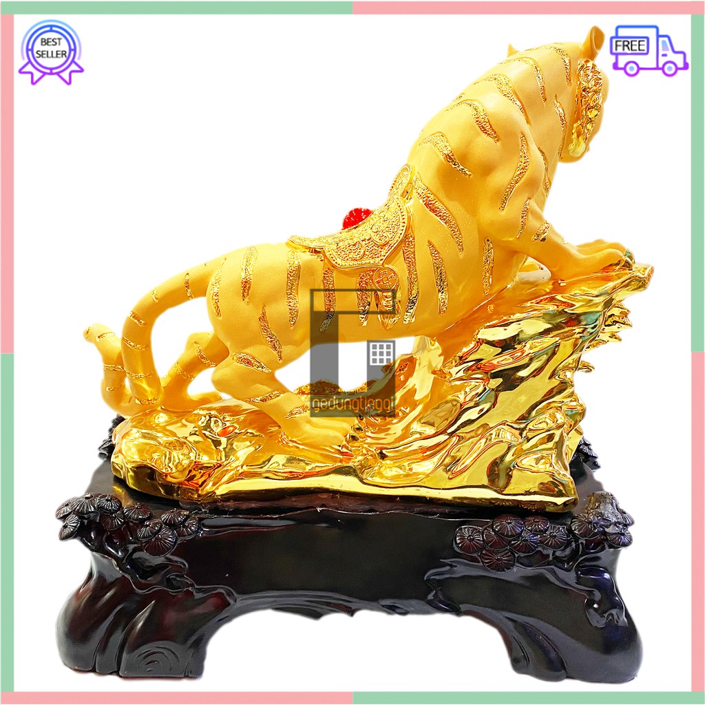 Hiasan Patung Pajangan Imlek Hoki Rejeki Fengshui Shio Macan Harimau Resin Emas Gold Super Besar XXL