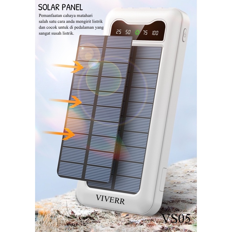 Powerbank VIVERR VS05 Solar Panel Cahaya matahari kapasitas 22.000 mAh Original Garansi 1tahun.