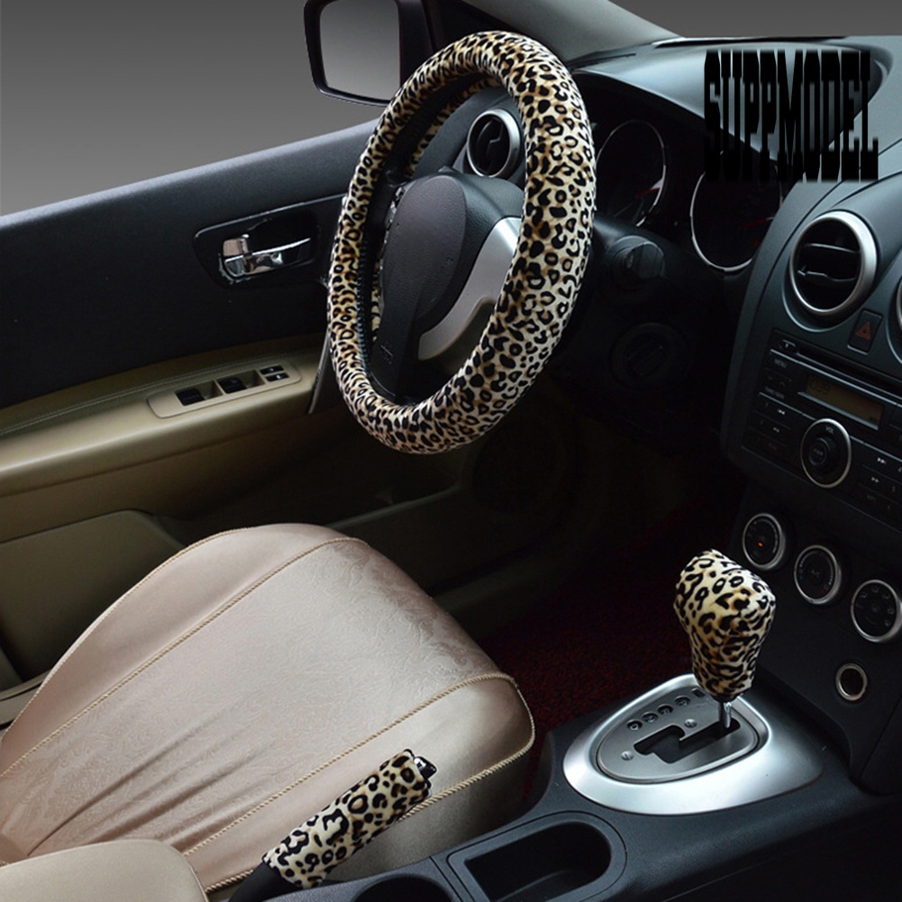 3pcs / Set Cover Stir / Rem Tangan / Persneling Mobil Motif Print Leopard 38cm Untuk Musim Dingin