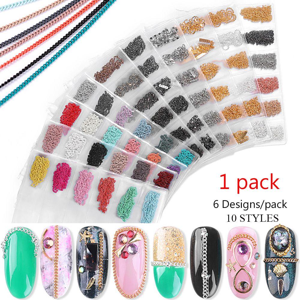 Solighter 6desain/pak Nail Art Rantai Logam Penjualan Panas 3D Pesona DIY Manicure