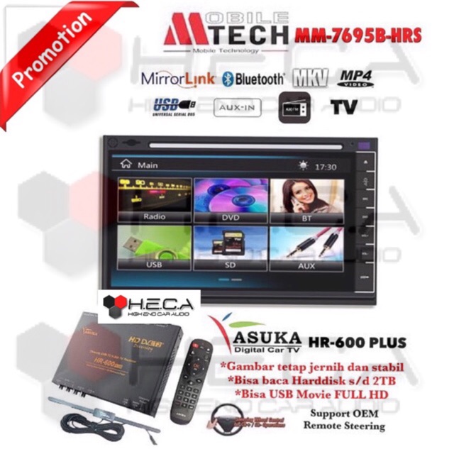 Head Unit Double din Mtech MM 7695B HRS Tape Mobil MM-7695B + TV Tuner Digital Asuka HR-600 PLUS