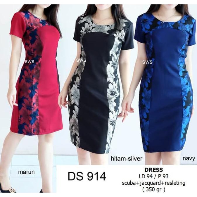 Super Seds914 - Dress Pesta Dress Sepan Scuba Jacquard Dress Wanita Modern - Hitam Silver Sale