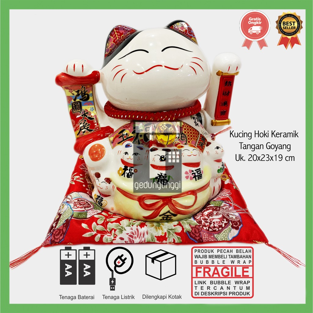 Patung Pajangan Boneka Dekorasi Dekor Hiasan Kalung Kucing Panggil Hoki Lucky Cat Maneki Neko Maneko Neki Keberuntungan Rejeki Rezeki Cina China Jepang Cahaya Listrik Batre Batrai Baterai Tangan Gerak Goyang Meja Cafe Toko Kasir Sedang Besar Jumbo Keramik