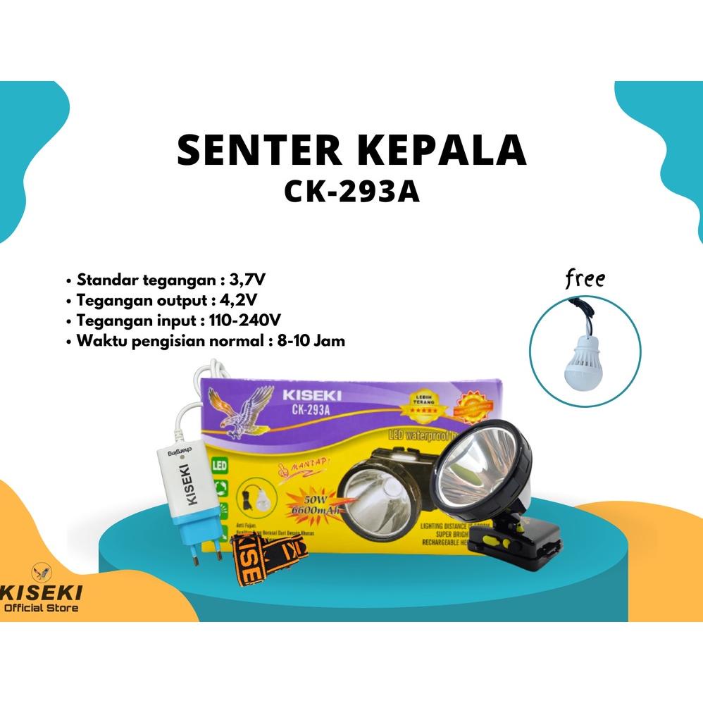 Senter Kepala 50 Watt Kiseki CK-293A Cahaya Putih Bonus Lampu USB | Head Lamp Kiseki CK-293A Baterai 6600mAh | FMS