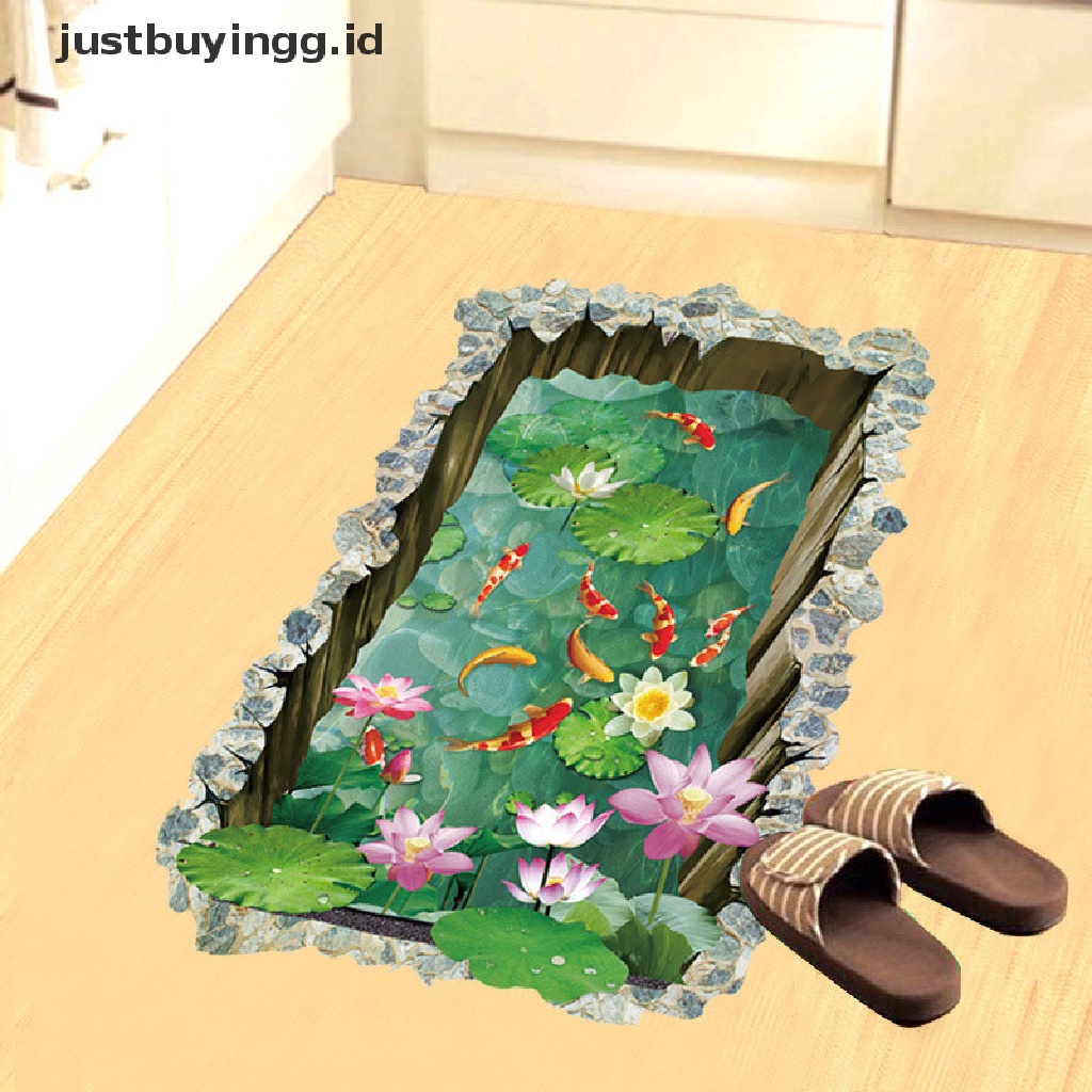 Stiker Dinding / Lantai Motif Kolam Ikan 3d Untuk Kamar Mandi / Ruang Tamu