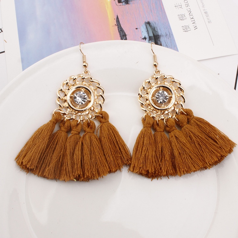 Merek besar rumbai anting-anting baru fashion bohemian Retro gaya etnik berlian bulat aksesoris all-