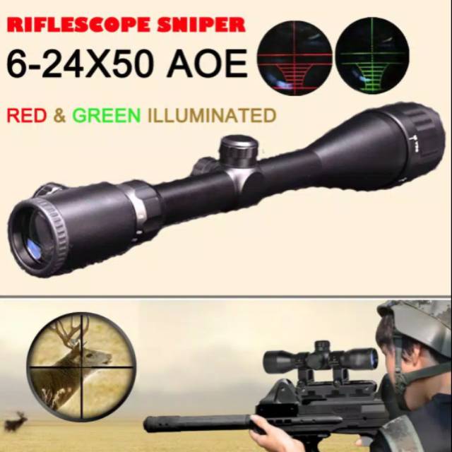 Hunting 6-24x50 AOE Rifle Scope Red and Green Illuminated Sniper