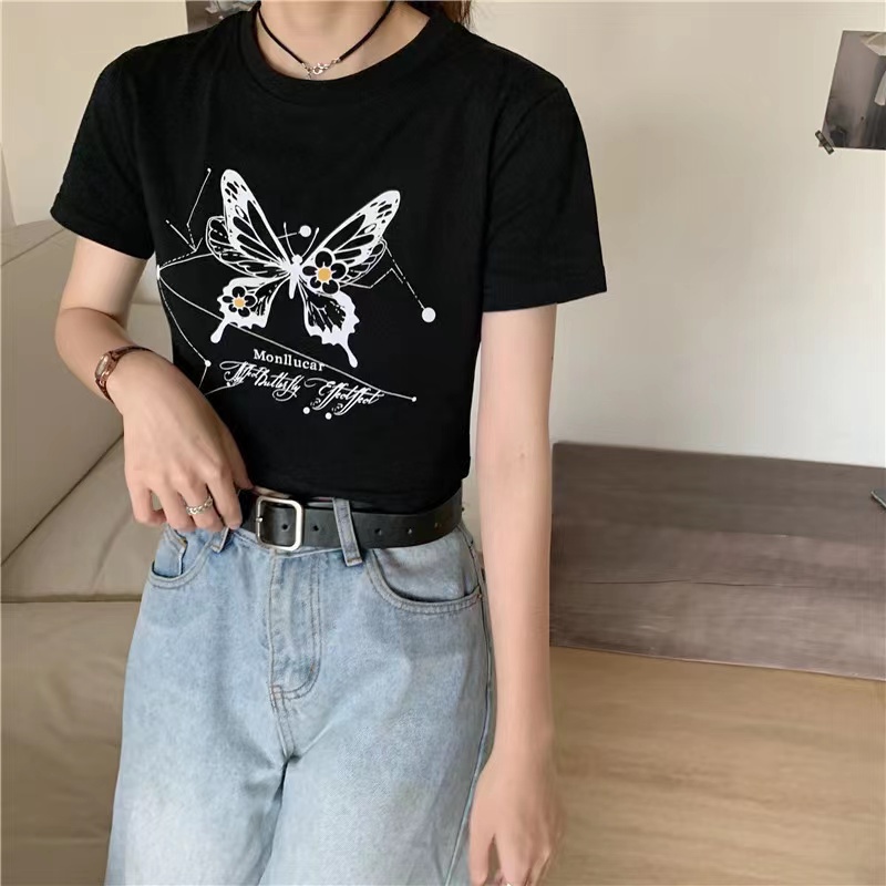 Sayishop Butterfly Crop Top / Kaos Crop Wanita Murah / Korean Crop Top