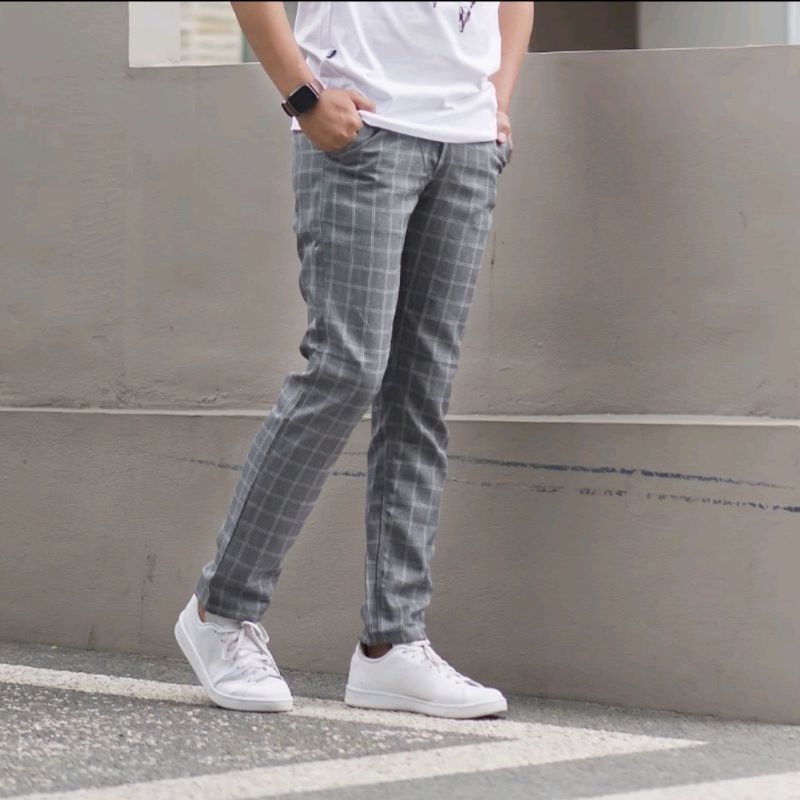 Celana Tartan Pria Slim Fit Premium Celana Chino Chinos Panjang Kotak Kotak Pria