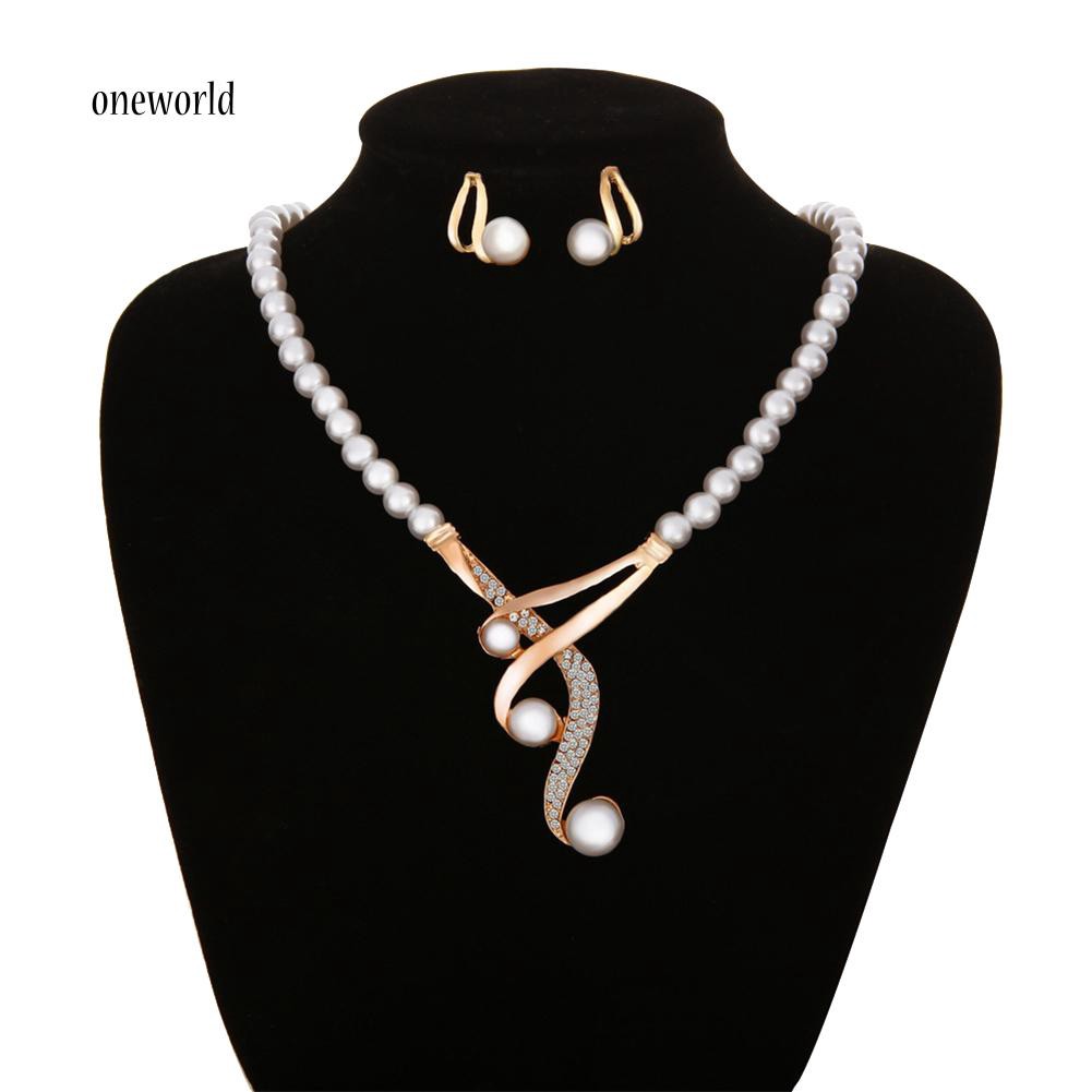 OW✪Hook Shape Pendant Faux Pearl Beaded Necklace Earrings Bridal Party Jewelry Set