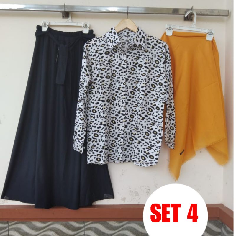 3 IN 1 SETELAN KEMEJA WANITA MOTIF LEOPART RAYON PREMIUM