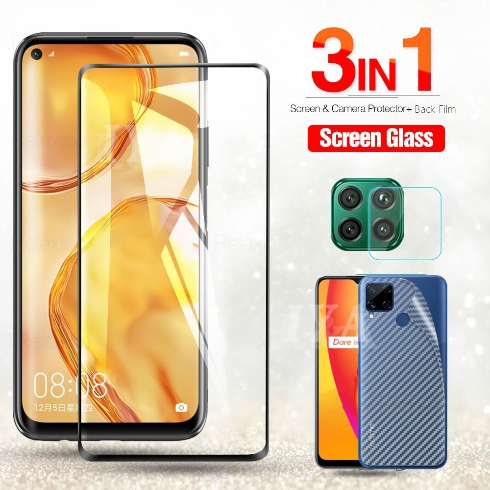 3-in-1 Screen Protector For Realme 7i Realme 7 Pro Realme C17 C15 C11 C12 C3 C2 Realme 6i 6 Pro 5i 5 Pro XT Reno 4 2F A5S A12 A7 9D Tempered Glass Film Lens Protective Clear Back Sticker IYA