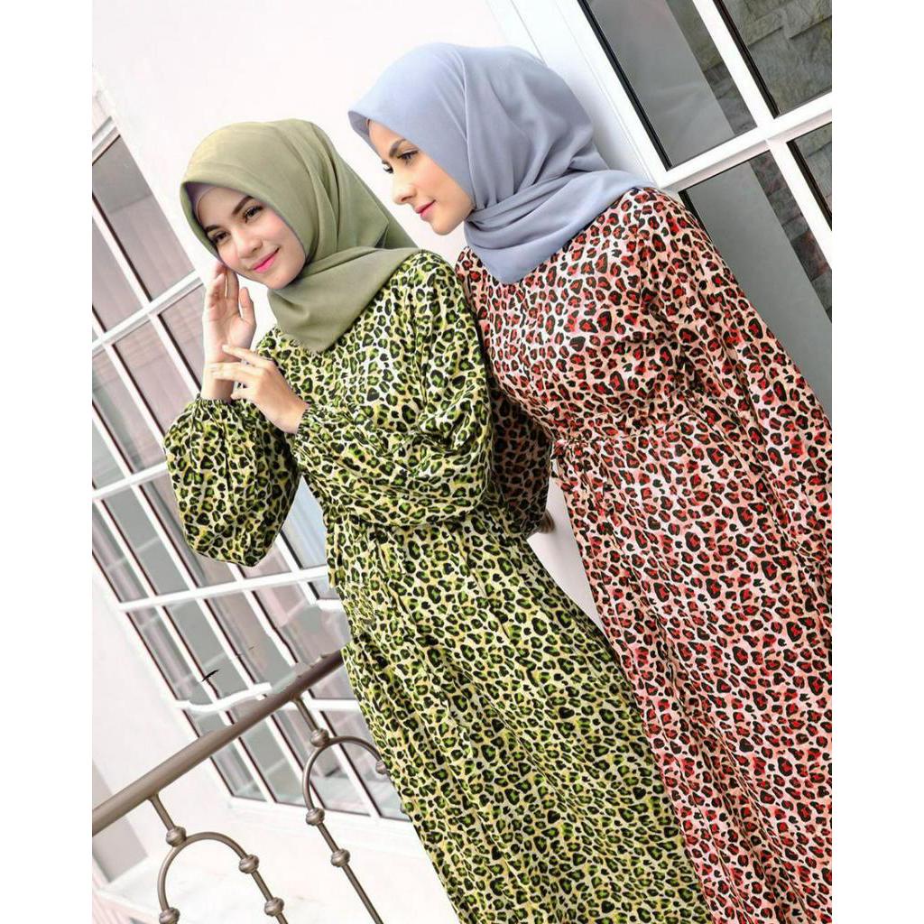 Ayudia Leopard Dress Wanita Rayon Premium Import Gamis Terbaru Lengan Panjang Baju Muslim Kekinian LD 110 cm