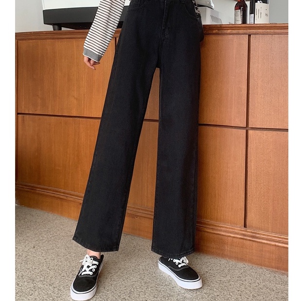 Hitam New Korean Highwaist Kulot Celana Jeans Wanita (Disesuaikan Pinggang)