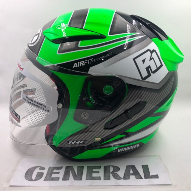 Helm NHK R1 Double Visor Motif Giga Green Fluorecent Hijau Stabilo Flo