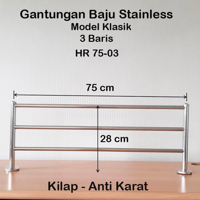 Rak Gantungan Baju Dinding Stainless Steel 75 cm, 3 Baris