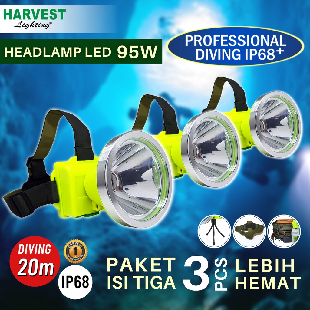 95W - PAKET ISI 3 - Headlamp HARVEST LIGHTING Senter Kepala LED Professional DIVING IP68 5600 MAH Lampu Emergency Selam Spearfishing Travel Hunting Rechargeable  Original Bergaransi