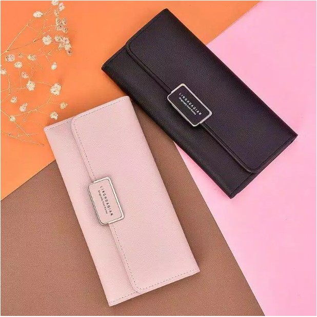 Dompet panjang wanita korea Impor Tipis fashion motif polos hitam pink biru ungu merah abu