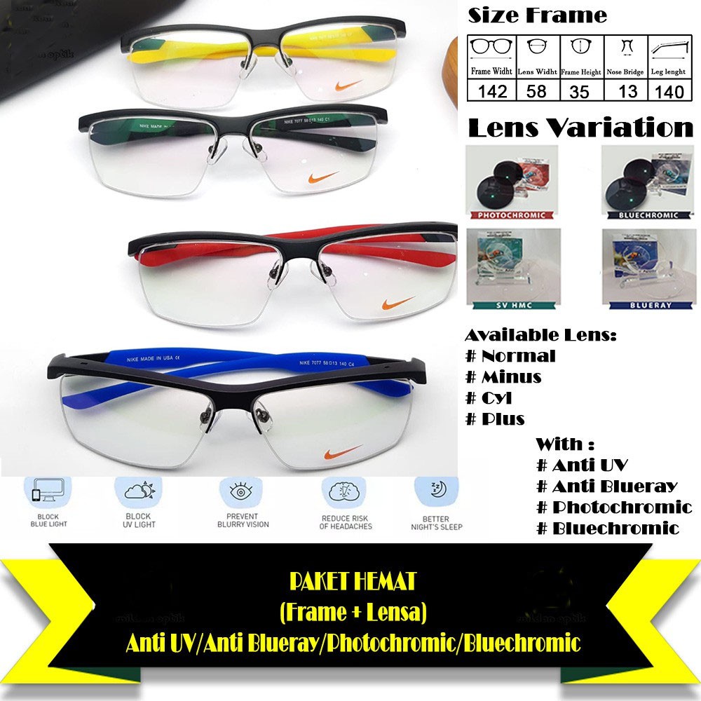 Promo Termurah TERMURAH se-SHOPEE PAKET KACAMATA HALF FRAME NIKE 7077 ANTI UV/BLUERAY/PHOTOCHROMIC/B