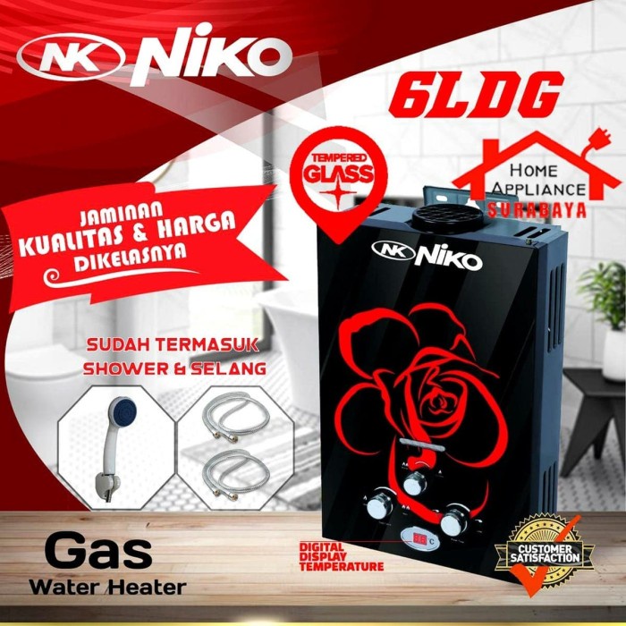 Water Heater Gas Niko Tempered Glass LED Display NK-6LDG NK 6 LDG