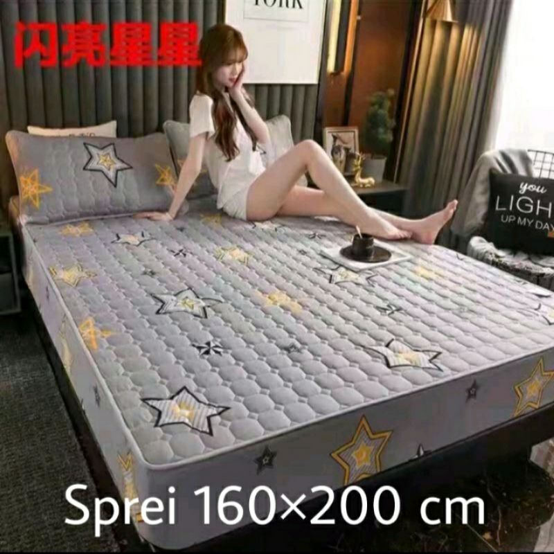 Sprei Sultan Waterproof anti ompol anti tahan air size 160×200 120×200 Seprei Adem full Karet-Wterprof-Abu bintang