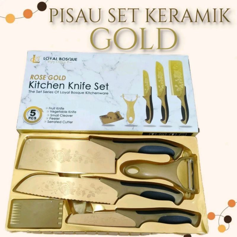 PISAU SET KERAMIK GOLD - KITCHEN KNIFE SET ROSE GOLD - Set Pisau 5-in-1 Gold Motif Bunga
