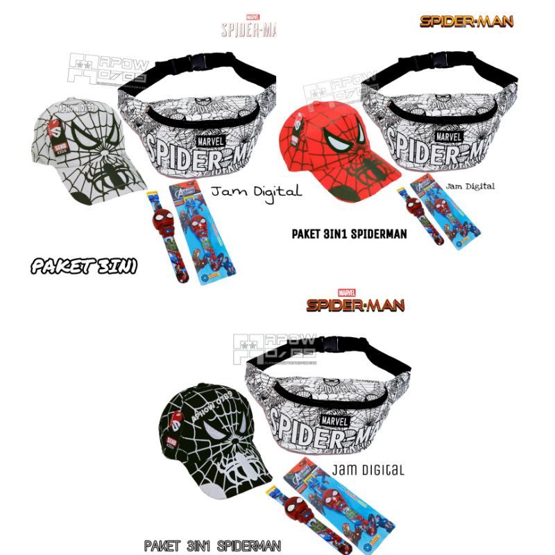 Paket 3in1 Tas selempang waistbag anak karakter Spiderman | bonus topi dan jam tangan