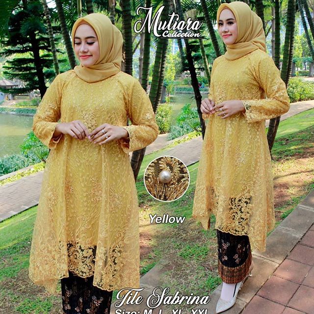 Setelan Kebaya Tunik Tile Sabrina Warna Gold Mix Plisket / Kebaya Modern