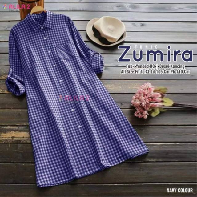 New Zumira Tunik Kotak Motif Full Kancing Depan Lengan Serut XL Ori by Alila Hem Import Real Pict