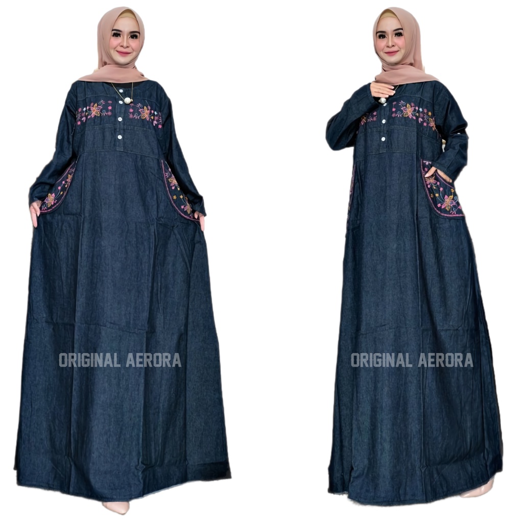 Baju Gamis Dress Jeans Jins Denim Jumbo Wanita Terbaru 2022 Muslim Kondangan Busui Bordir Sanghai Asli Kekinian Premium Ld 130 P 140 Hirumi Maxy Allsize