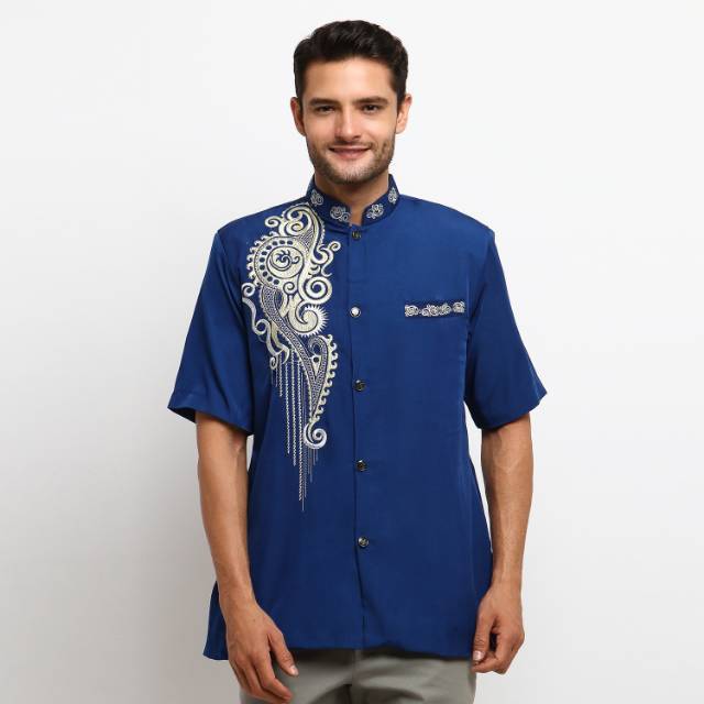 Grosir Baju Koko Jasko Muslim Pria Dewasa Lengan Pendek Biru Bordir Modern Al Muttaqin SKH 136