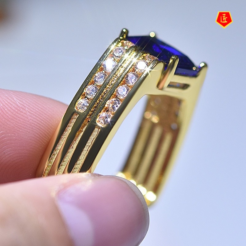 [Ready Stock]Gold Micro Inlay Blue Square Diamond Ring