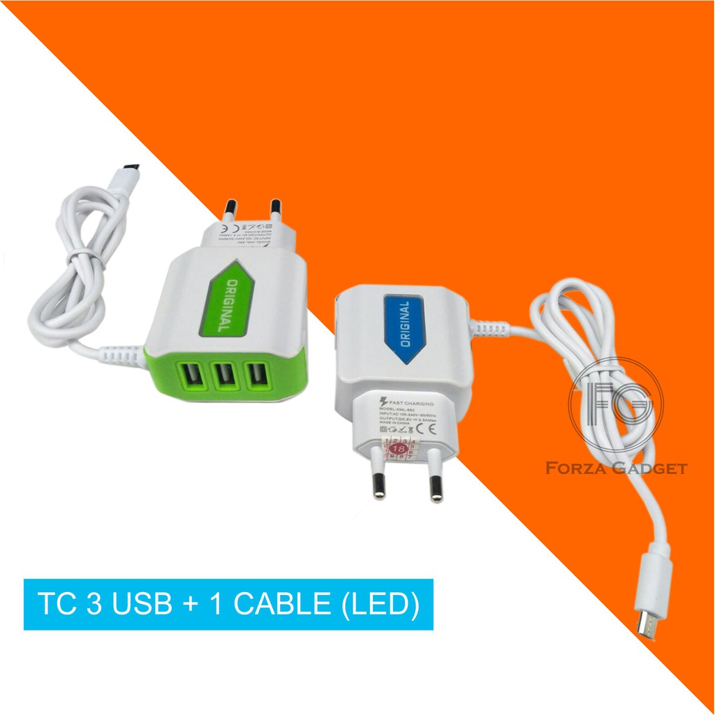 Travel Charger Lampu LED 3 usb 2.1A Fast Charging Batok plus Kabel