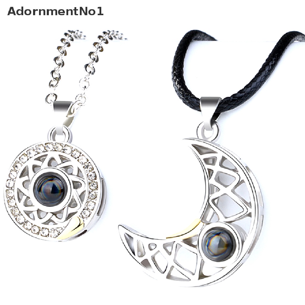 (AdornmentNo1) 2pcs / Set Kalung Rantai Liontin Matahari + Bulan + Bulan Sabit 100 Bahasa Untuk Pasangan / Pria / Wanita