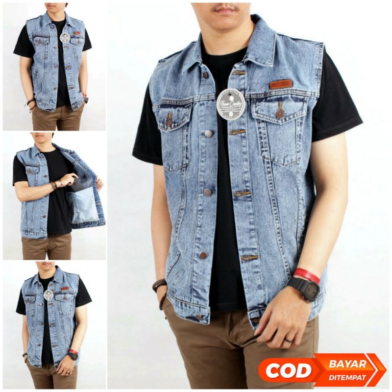 Rompi Jeans Pria Sandwash Lekbong - Jaket Rompi Kerah Denim Distro Original Flower Country