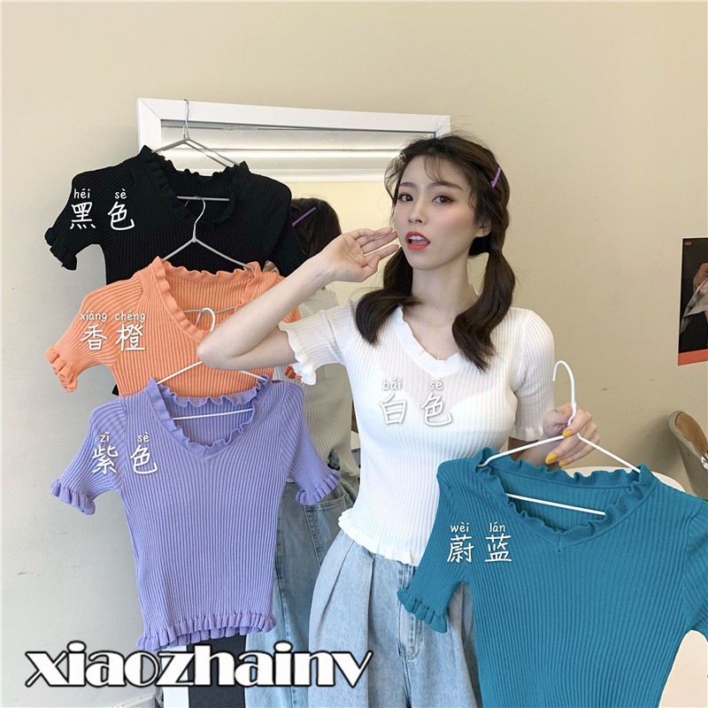Xiaozhainv Pakaian wanita  Korea V neck rajutan  warna solid 