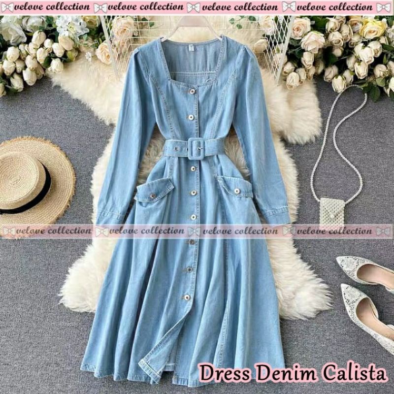 mini midi dress Korea dress casual blue denim