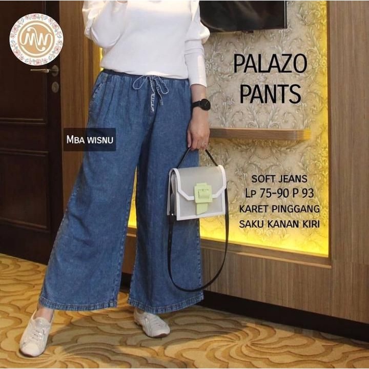 Celana kulot jeans wanita panjang high waist jumbo pinggang karet-0