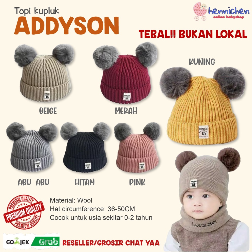 Topi Kupluk ADDYSON TEBAL Bayi Bahan WOL- Kupluk Pom-Pom Baby Kids Hat HIGH QUALITY