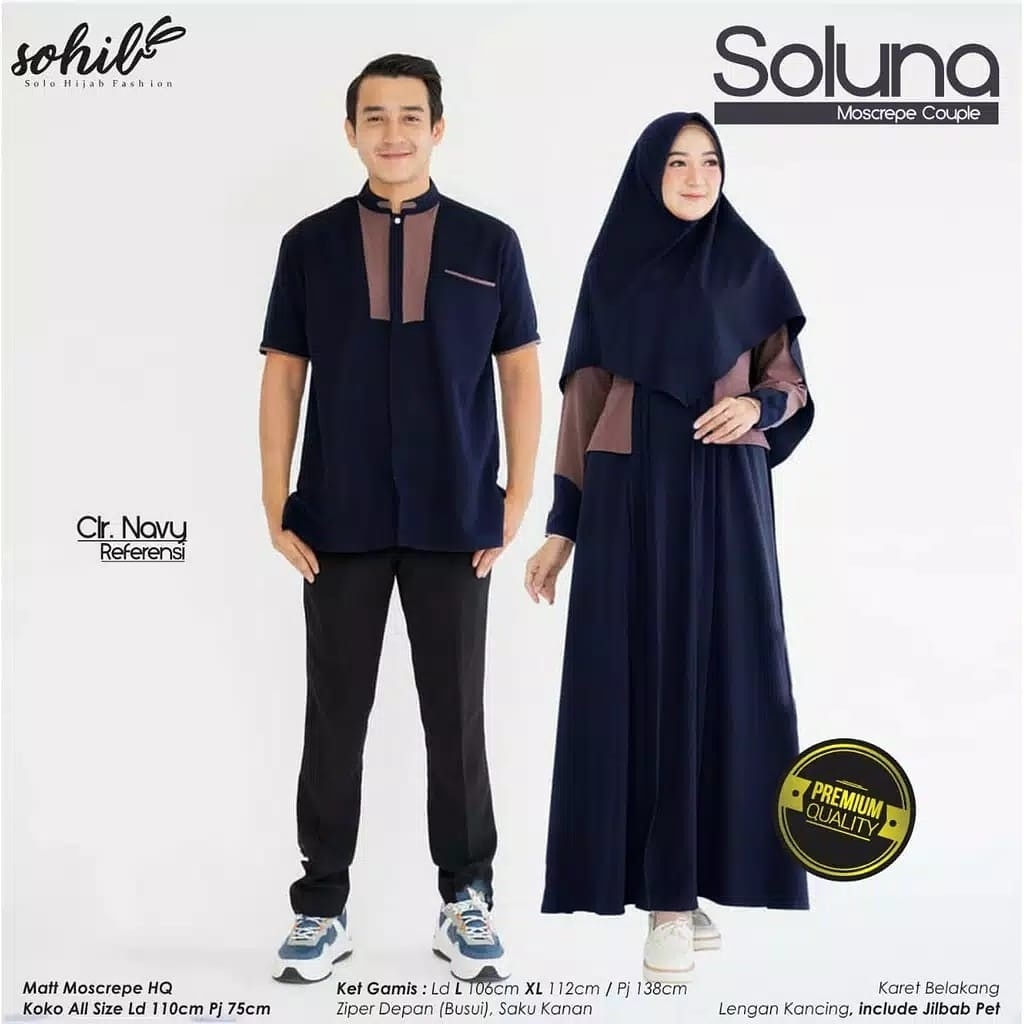 SOLUNA COUPLE KAIN MOSSCRAPE ( GAMIS WANITA DAN HIJAB + KEMEJA PRIA )  BAJU COUPLE  PASANGAN SUAMI ISTRI TERBARU 2022 BAJU COUPLE