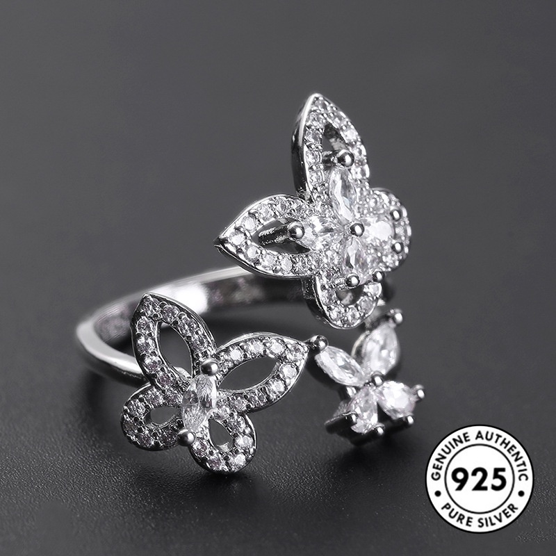 Cincin Desain Kupu-Kupu Aksen Berlian Bahan S925 Sterling Silver