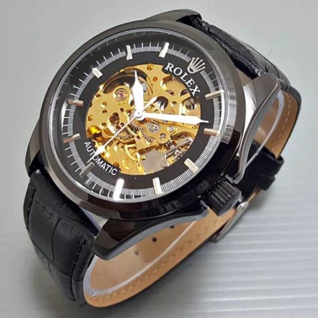 Jam Tangan Rolex Skeleton Super Mewah Tali Kulit - JamTangan Pria Rolex Tali Kulit - Rolex Skeleton1