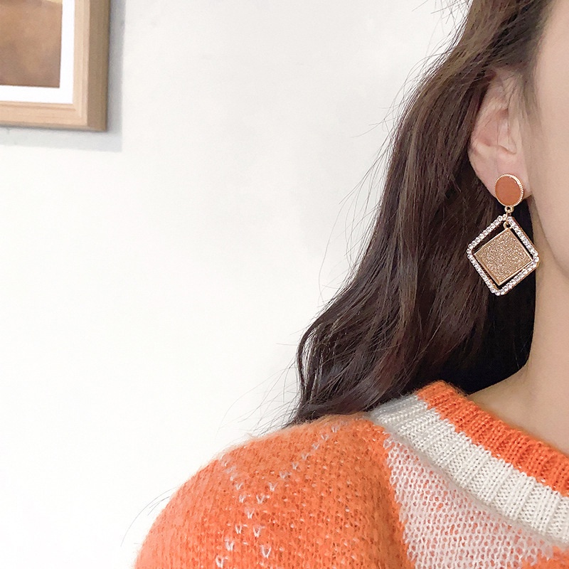 Anting Tusuk Gantung Lapis Silver S925 Bentuk Kotak Hias Berlian Imitasi Gaya Korea Untuk Wanita