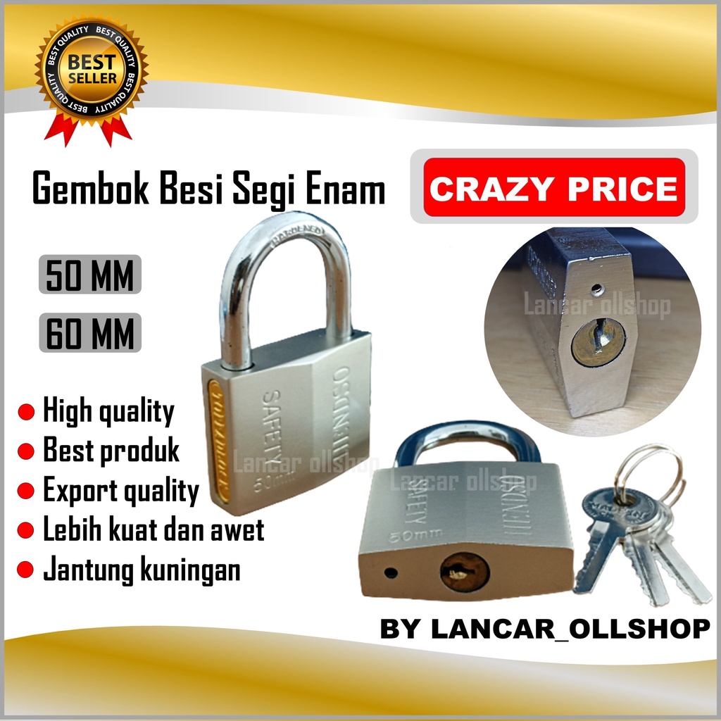 Gembok leher panjang pendek 50mm / Gembok pagar rumah / Pengaman pagar rumah / Gembok anti maling Segi Enam 60 MM Leher Pendek