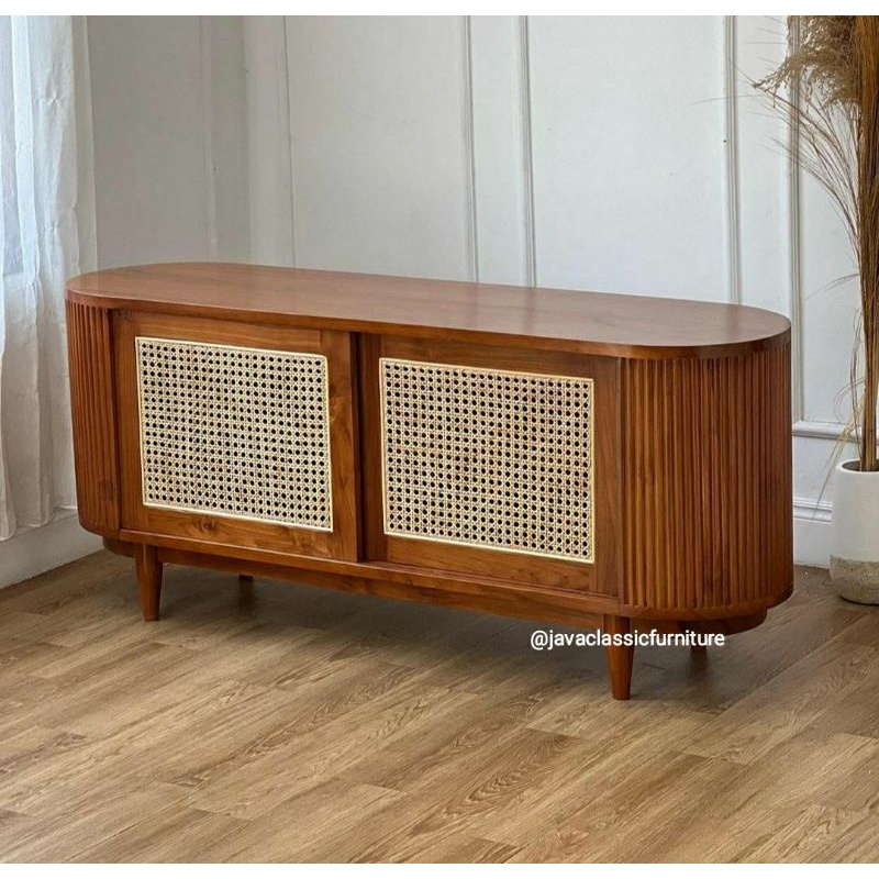 BUFET TV ROTAN RETRO SCANDINAVIA MINIMALIS OVAL UKURAN 150CM PINTU 2 SLEDING KABINET DRAWER KAYU JATI GRADE A NATURAL MURAH DARI JEPARA-2