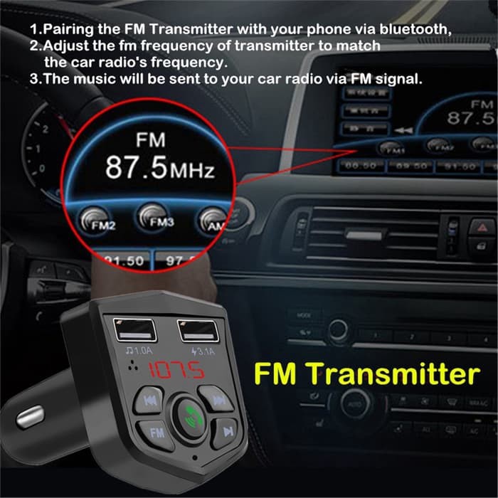 Handsfree Charger Mobil 2in1 Bluetooth 5.0 LCD Voltmeter FM Music MD42