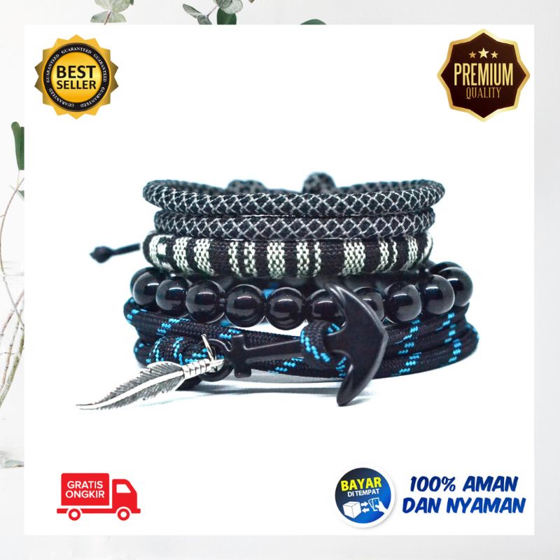 Advenlet Gelang Pria Keren Hitam Tali Paracord Prusik Paket Set Jangkar Warna Hitam Adjustable Premium