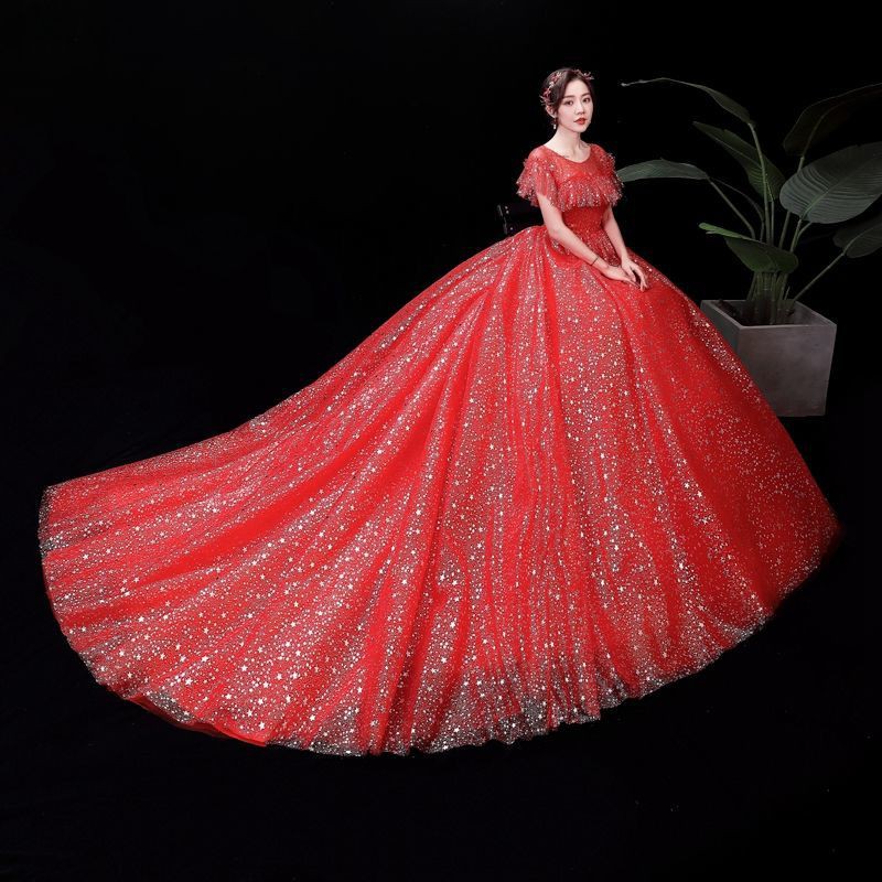 154 Red Bling BLing Short Sleeve Long Tail Women Bridal Wedding Gown Dress