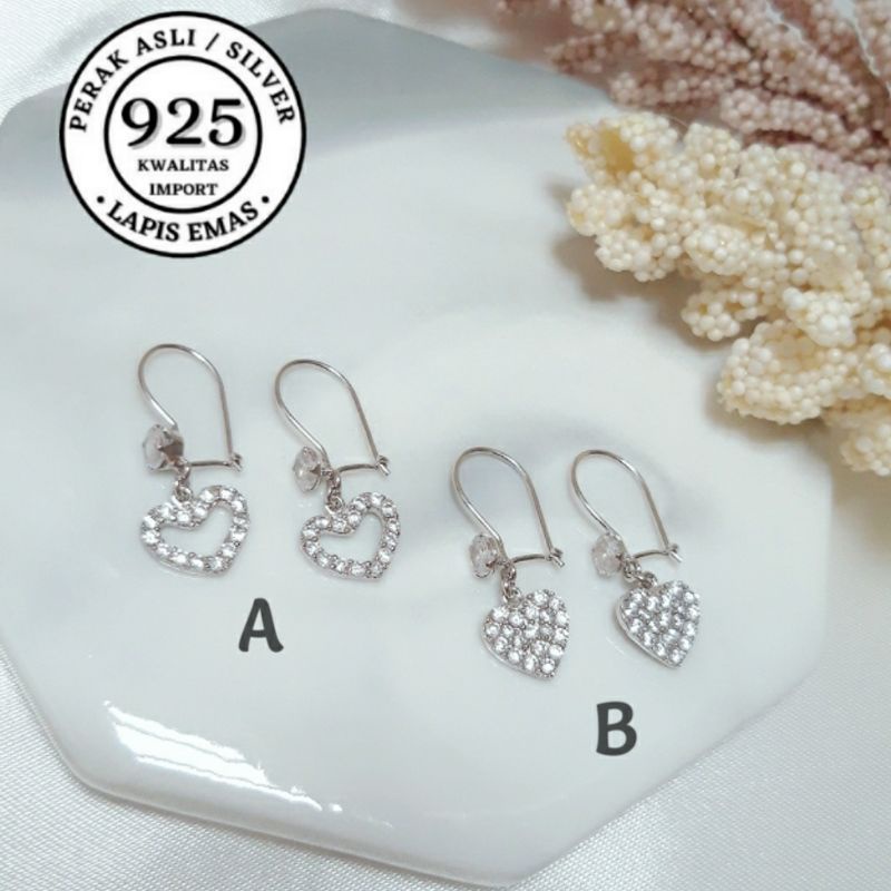Anting kait gantung love mata  perak asli 925 lapis mas putih/anting anti karat/anting wanita/anting